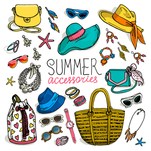 woman summer accessories set - Vector, Image