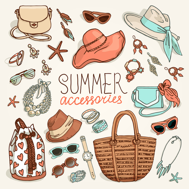 woman summer accessories set - Vector, Image