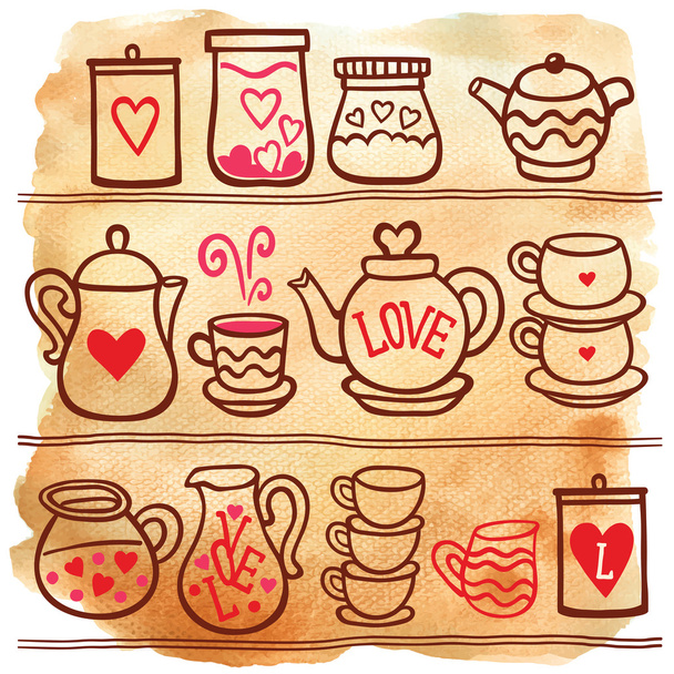 tea cups, jugs, drink set - Vector, Image