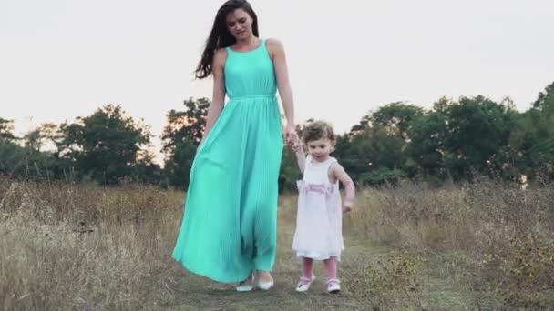 母と彼女の小さな娘秋のフィールド上を歩いて - 映像、動画