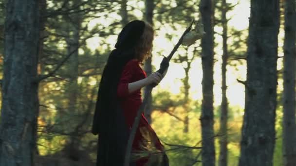 Ruda młoda kobieta ubrana jak czarownica spaceru w lesie - Materiał filmowy, wideo