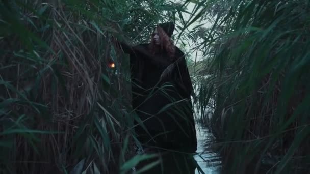 старомодная леди держит лампу, пробирающуюся через тростник и болото
 - Кадры, видео
