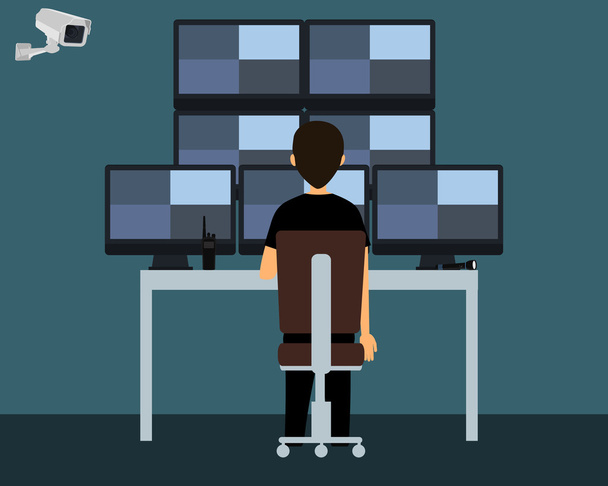 Workplace security guard. The security guard watching a video from surveillance cameras. Vector illustration - Vector, Image