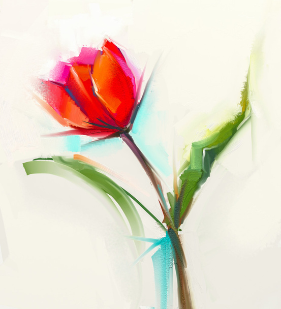 Oil painting a single Red tulip flower with green leaves. - Fotó, kép