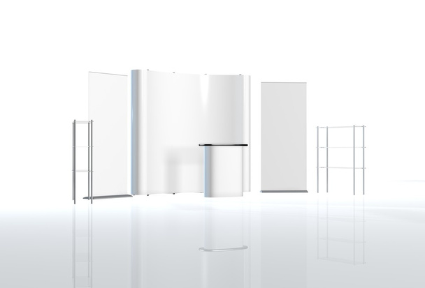 Trade exhibition stand, Exhibition Stand round, 3D rendering visualization of exhibition equipment, a set of stands, Advertising space on a white background, with space for text ads - Foto, Imagen