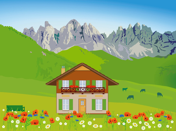 山を背景の前の家 - ベクター画像