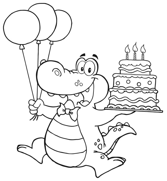 Delineado cumpleaños cocodrilo celebración de un pastel de cumpleaños
 - Foto, Imagen