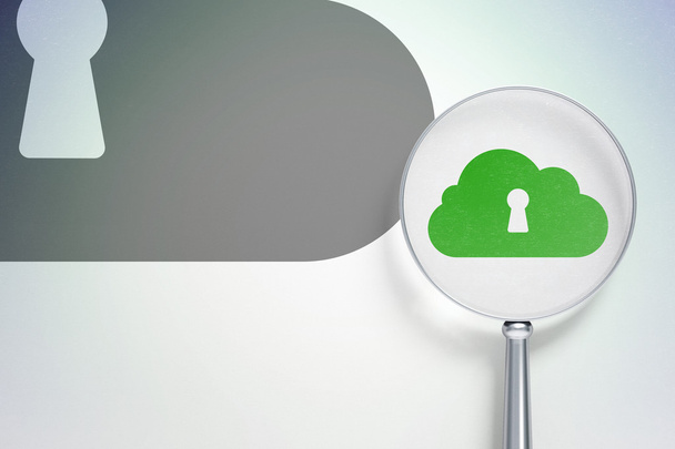 Cloud technology concept:  Cloud With Keyhole with optical glass on digital background - Photo, Image