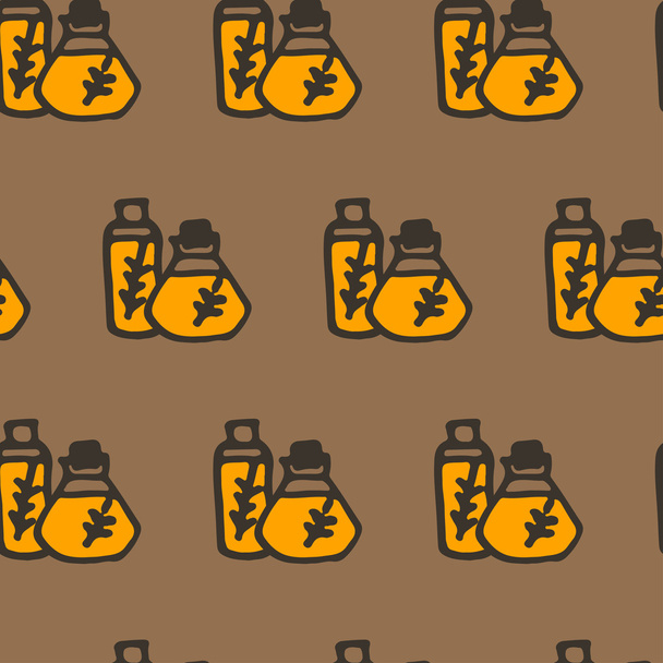 Doodle olive oil seamless pattern, oil in the bottle with plant - Vektor, obrázek