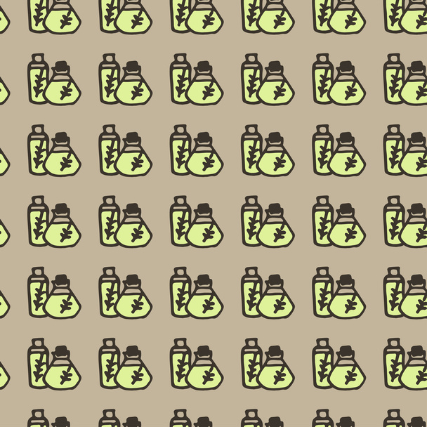 Doodle olive oil seamless pattern, oil in the bottle with plant - Vektor, kép