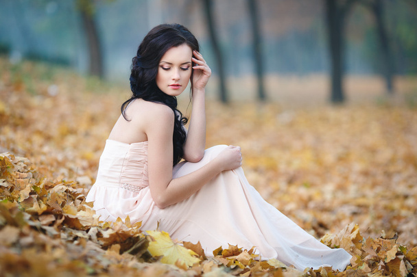 Autumn portrait of a beautiful girl in  pink dress - Фото, изображение