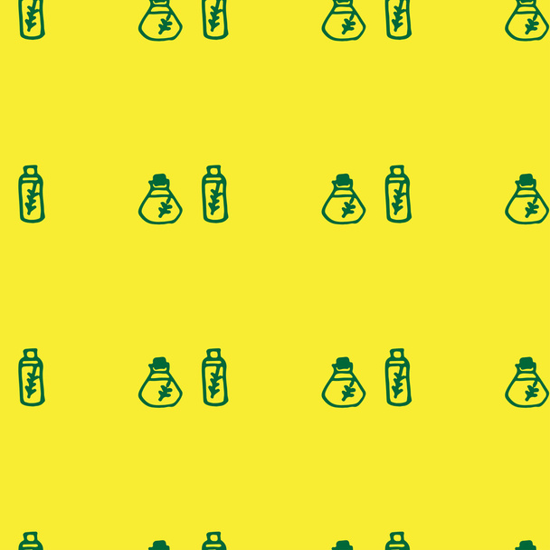 Doodle olive oil seamless pattern, oil in the bottle with plant - Διάνυσμα, εικόνα