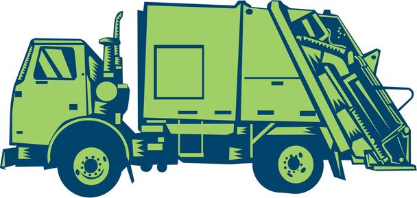 Garbage Truck posteriore lato caricatore Woodcut
 - Vettoriali, immagini