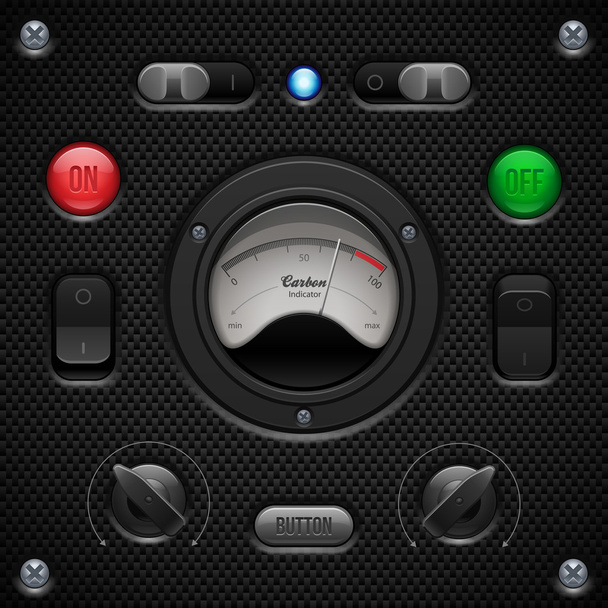 Carbon UI Application Software Controls Set. Switch, Knobs, Button, Lamp, Volume, Equalizer, Voltmeter - Vettoriali, immagini