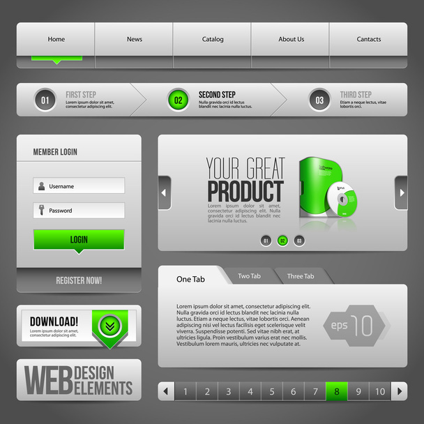 Modern Clean Website Design Elements Grey Green Gray: Buttons, Form, Slider, Scroll, Carousel, Icons, Tab, Menu - Вектор,изображение