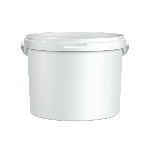Opened White Tub Paint Plastic Bucket Container. Plaster, Putty, Toner. Ready For Your Design. Product Packing - ベクター画像