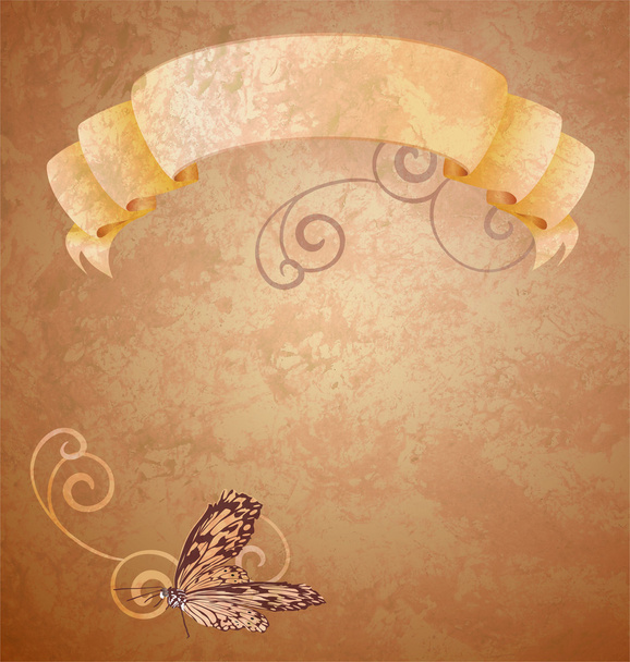 Papier grunge marron avec rouleau beige et papillon avec courbes
 - Photo, image