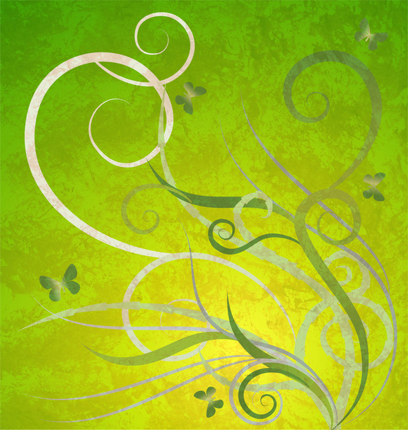 Green floral background with butterflies and curves - Photo, Image