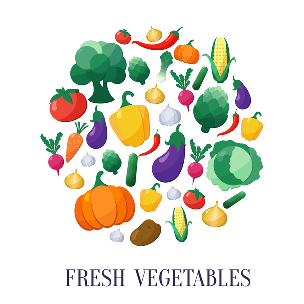Vector Vegetables Flat Style Icons Set in Circle Shape - Vector, Image