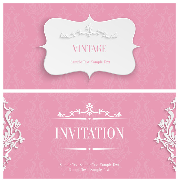Tarjeta de invitación Vintage rosa 3d con patrón Damasco Floral del vector - Vector, imagen