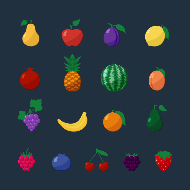 Vektor-Icons Früchte und Beeren in flache Set über dunklem Hintergrund isoliert - Vektor, Bild
