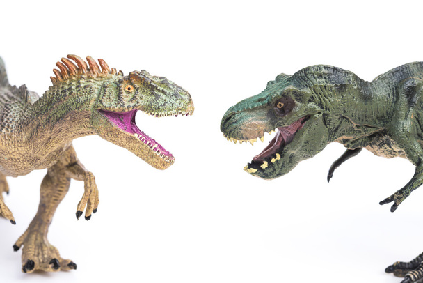 Tyrannosaurus en allosaurus speelgoed op een witte achtergrond - Foto, afbeelding