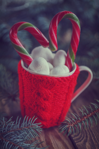 Mug filled with hot chocolate and marshmallows,  candy cane. Ton - Foto, Imagen