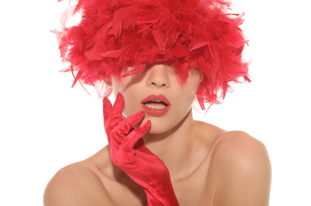 Beautiful woman in red gloves and hat - Фото, зображення