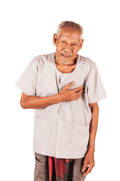 stary człowiek z ból w klatce piersiowej ciężką izolować tło - Zdjęcie, obraz