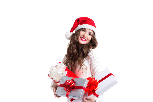 Cheerful santa helper woman holding gift Isolated. - Φωτογραφία, εικόνα