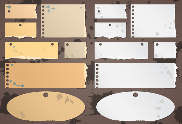 Set of various brown, gray torn note papers with splashes - Vector, Image