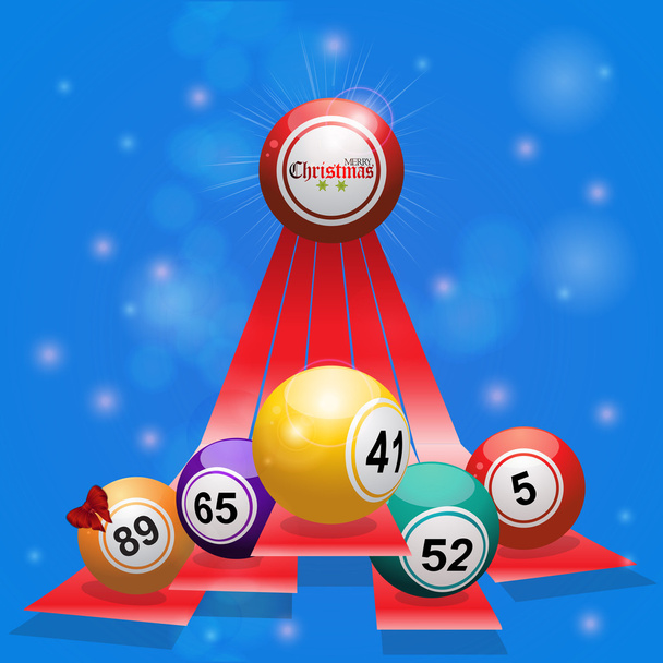 Bingo kerstballen over 3d strepen op blauwe achtergrond - Vector, afbeelding