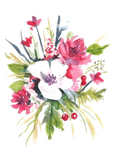 Watercolor flower illustration: pink flower, red berries and green leaves. Bright bouquet composition. Colorful picture for greeting, birthday, mother's, woman's day card, wedding invitation etc. - Photo, Image
