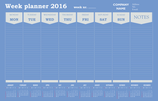 Heti planner 2016 naptár - kék és szürke - Vektor, kép