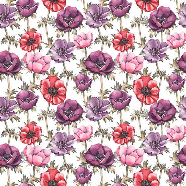 Watercolor seamless pattern with flowers: blue, purple, white. Abstract floral pattern. Bright and colorful background for textile, fabric, birthday card, wedding invitation, etc. - 写真・画像