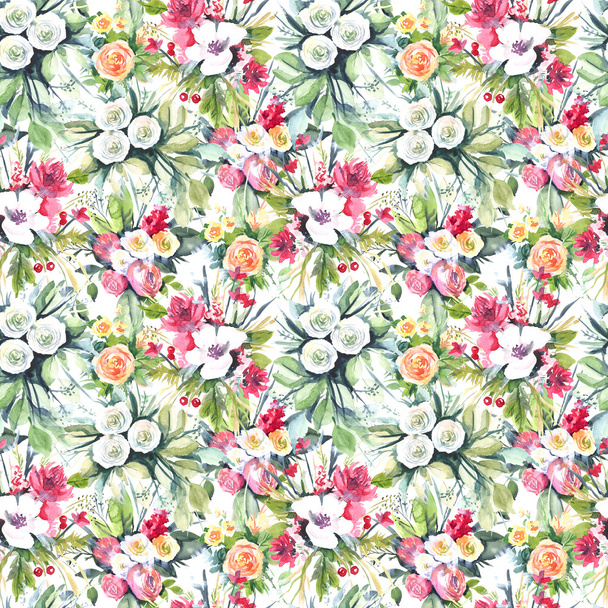 Watercolor seamless pattern with flowers: blue, purple, white. Abstract floral pattern. Bright and colorful background for textile, fabric, birthday card, wedding invitation, etc. - 写真・画像