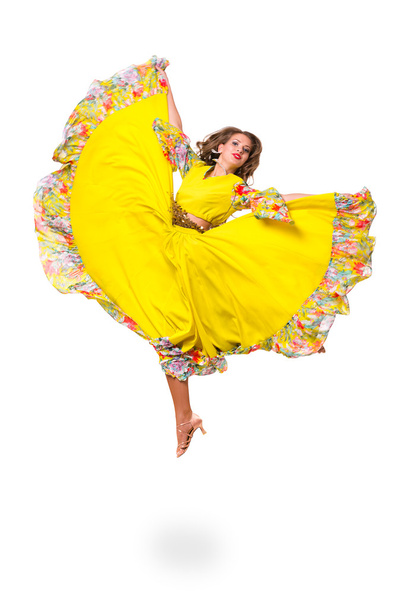 Flamenco dancer  woman jumping, isolated on white in full length - 写真・画像
