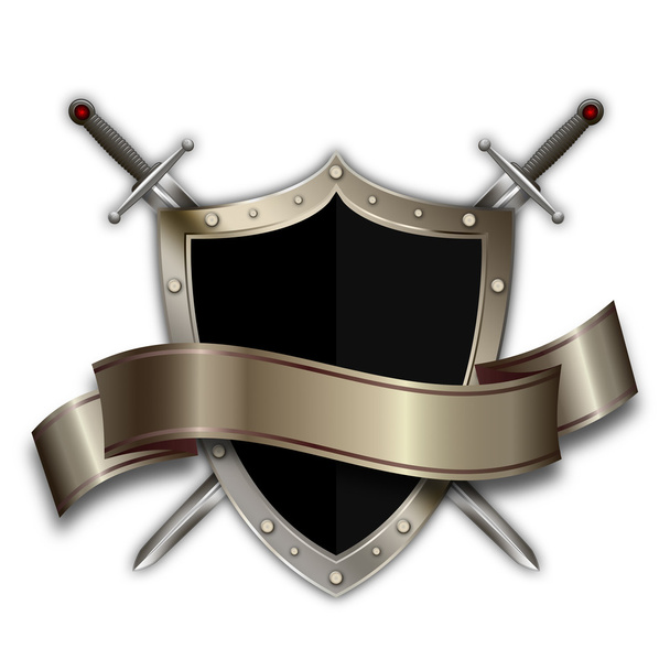 Heraldic shield with ribbon and swords. - Фото, зображення