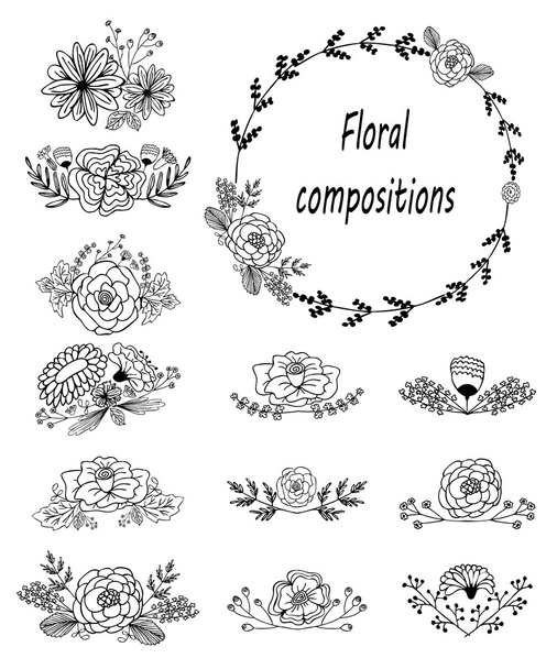 floral decorative elements and wreath - ベクター画像