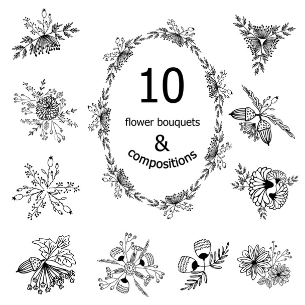 floral decorative elements and wreath - Vector, Image