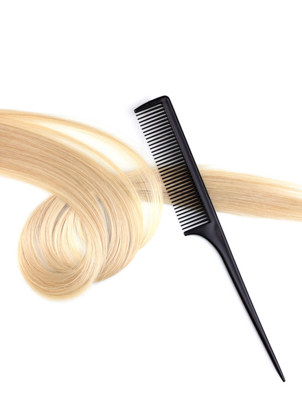 Shiny blond hair and comb isolated on white - Fotoğraf, Görsel