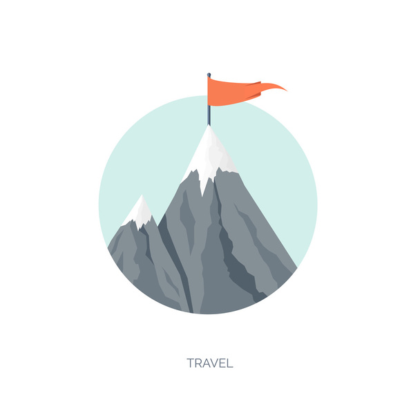 ベクトルの図。フラットの山地。ミッション、達成。自然、旅行。成功すると、スマートなソリューション概念の背景. - ベクター画像