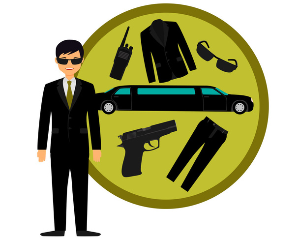 Garde du corps et accessoires. L'arme, le costume et une limousine. Illustration vectorielle
 - Vecteur, image