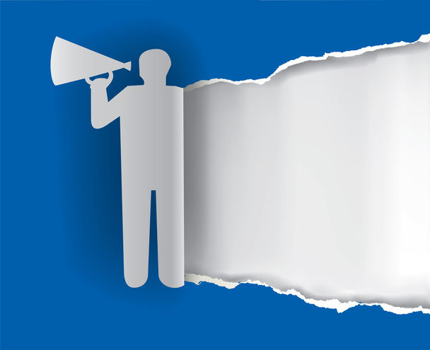 Man with megaphone ripping paper - Vector, Image