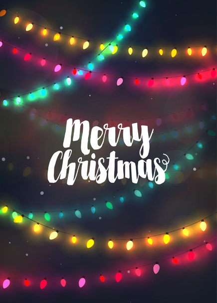 Άνετο πολύχρωμα Χριστουγεννιάτικα φωτάκια γιρλάντες, Ευχετήρια κάρτα με Merr - Διάνυσμα, εικόνα