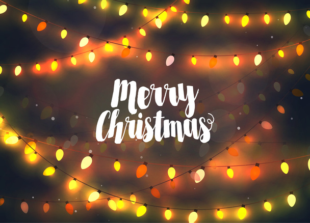 Άνετο κίτρινο Χριστουγεννιάτικα φωτάκια γιρλάντες, Ευχετήρια κάρτα με Merry - Διάνυσμα, εικόνα
