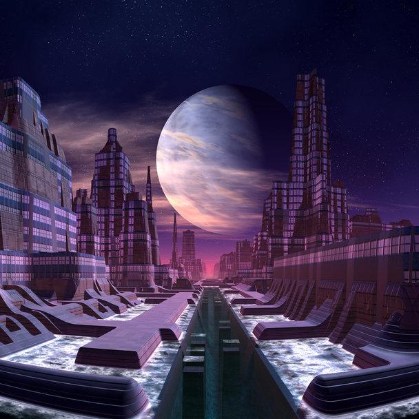 未来の宇宙人の街 - コンピューターのアートワーク - 写真・画像