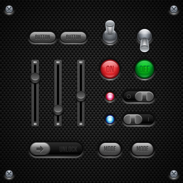 Carbon UI Application Software Controls Set. Switch, Knobs, Button, Lamp, Volume, Equalizer, LED, Unlock. - Vector, Image