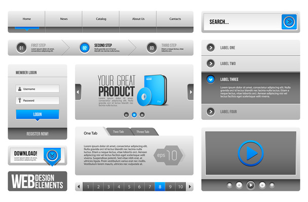 Modern Clean Website Design Elements Grey Blue Gray: Buttons, Form, Slider, Scroll, Carousel, Icons, Tab, Menu - ベクター画像