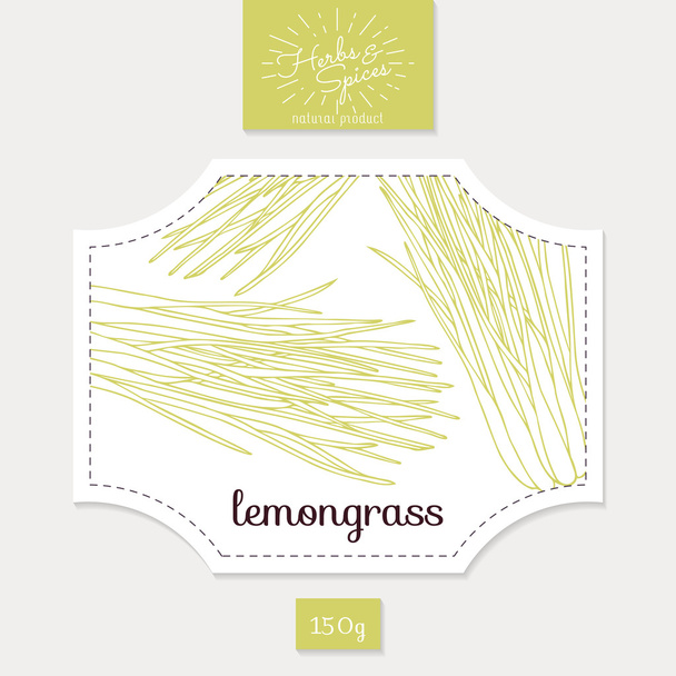 Produktaufkleber mit handgezeichneten Zitronengras-Blättern. Gewürzkräuter Verpackungsdesign - Vektor, Bild